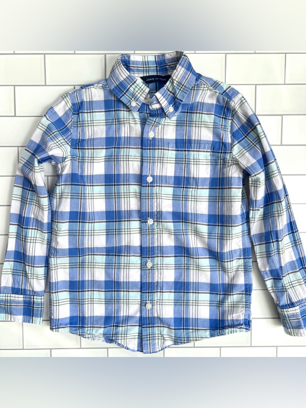 6💙 Janie & Jack Boys Madras Plaid Blue Teal White Stripe Button Down Shirt